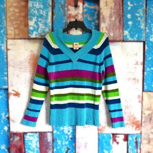 Women's Faded Glory Stretch Sweater V-Neck Striped MEDIUM Multicolor